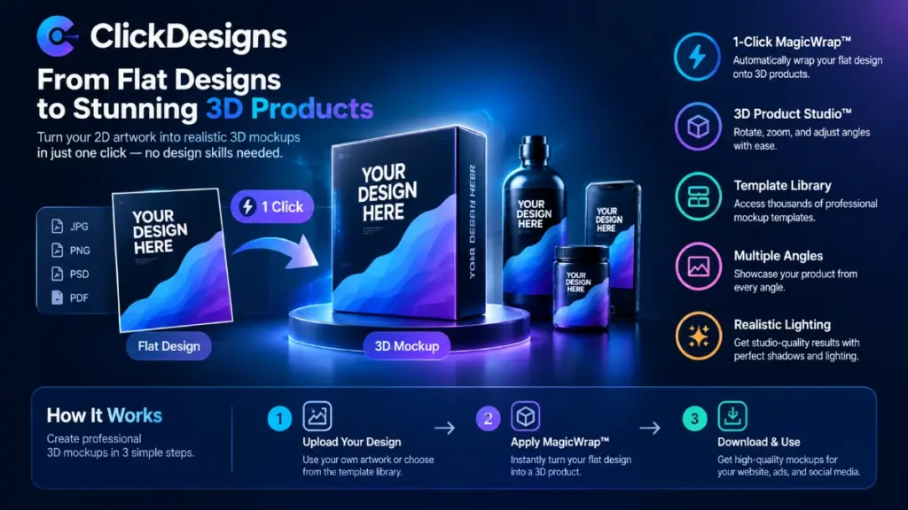 ClickDesigns 3D Product Studio showing flat artwork transformed into realistic product mockups with adjustable angles and lighting.
