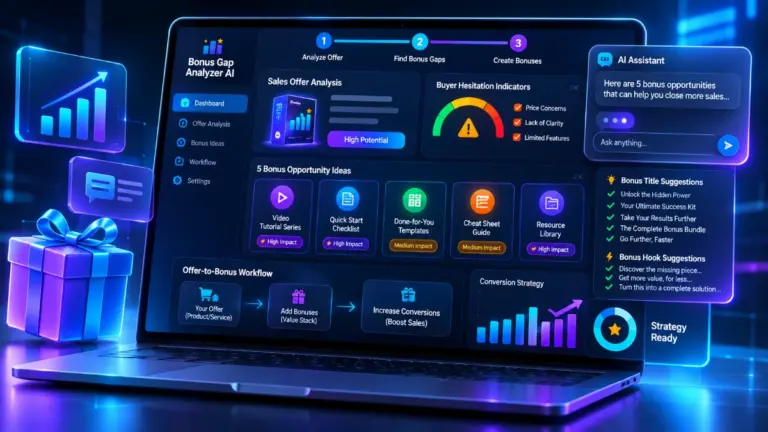 Bonus Gap Analyzer AI dashboard showing AI-powered bonus analysis and five affiliate marketing bonus ideas