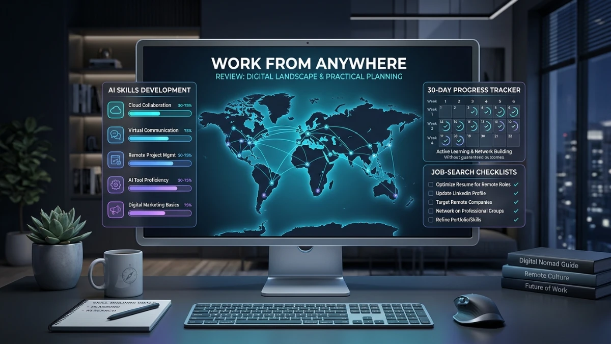 Work From Anywhere digital guide mockup with remote work platforms, AI skills, and a 30-day action plan.