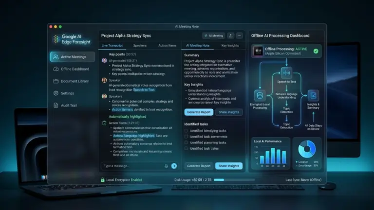 Google AI Edge Foresight offline AI meeting note-taking dashboard running locally on a Mac with secure document intelligence.