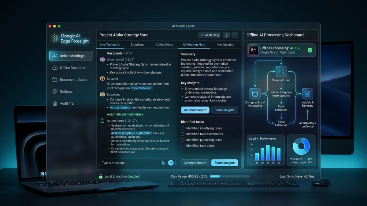 Google AI Edge Foresight offline AI meeting note-taking dashboard running locally on a Mac with secure document intelligence.