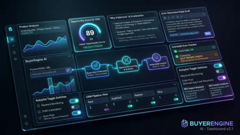 BuyerEngine AI dashboard finding and scoring Reddit buyer-intent opportunities