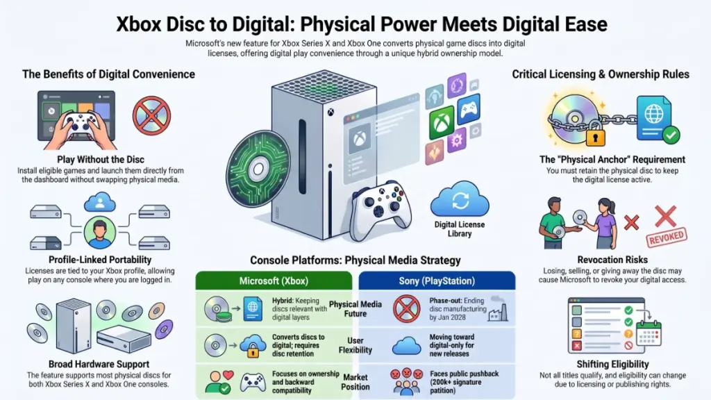Xbox digital game library showing disc eligibility, license retention, and digital access limits