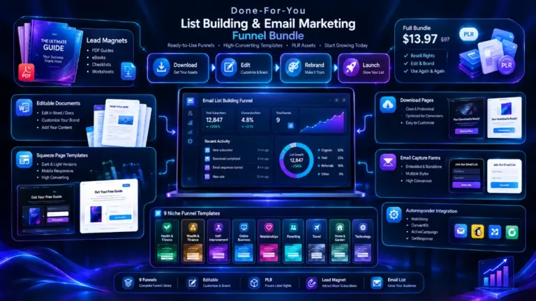 Done-For-You List Building Funnel Bundle with nine editable email marketing funnels and lead generation assets