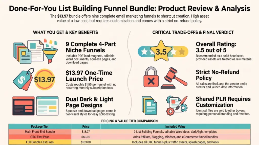 Nine ready-made PLR email marketing funnels with lead magnets, squeeze pages, download pages, and editable documents