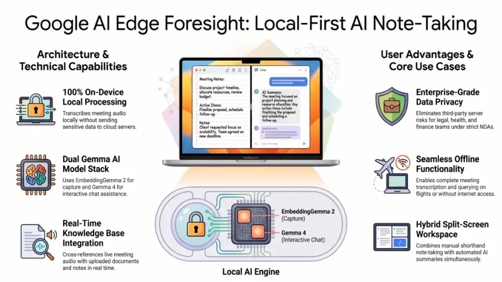 AI-powered offline meeting transcription interface featuring local document search, intelligent summaries, and Apple Silicon optimization.