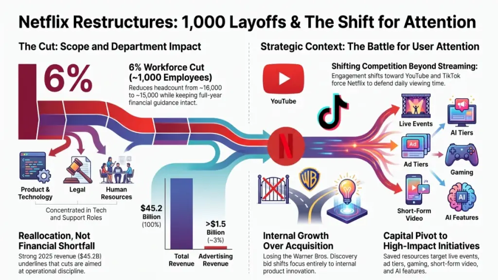 Netflix workforce restructuring dashboard highlighting product, technology, legal, and HR job cuts