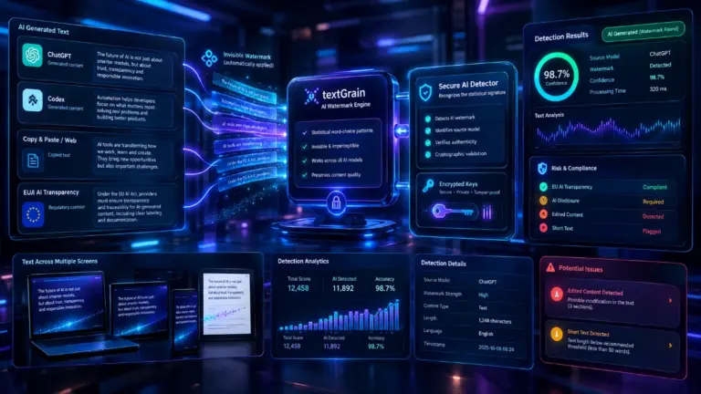 OpenAI textGrain invisible watermark system analyzing AI-generated text for EU transparency compliance