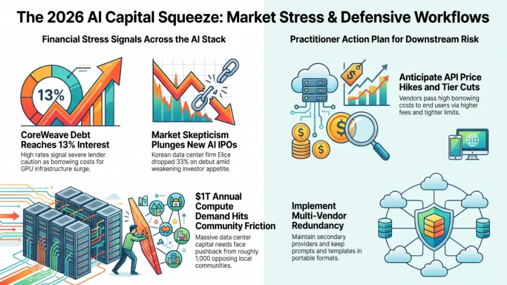 AI investment risk dashboard showing IPO uncertainty, debt costs, and infrastructure financing pressures