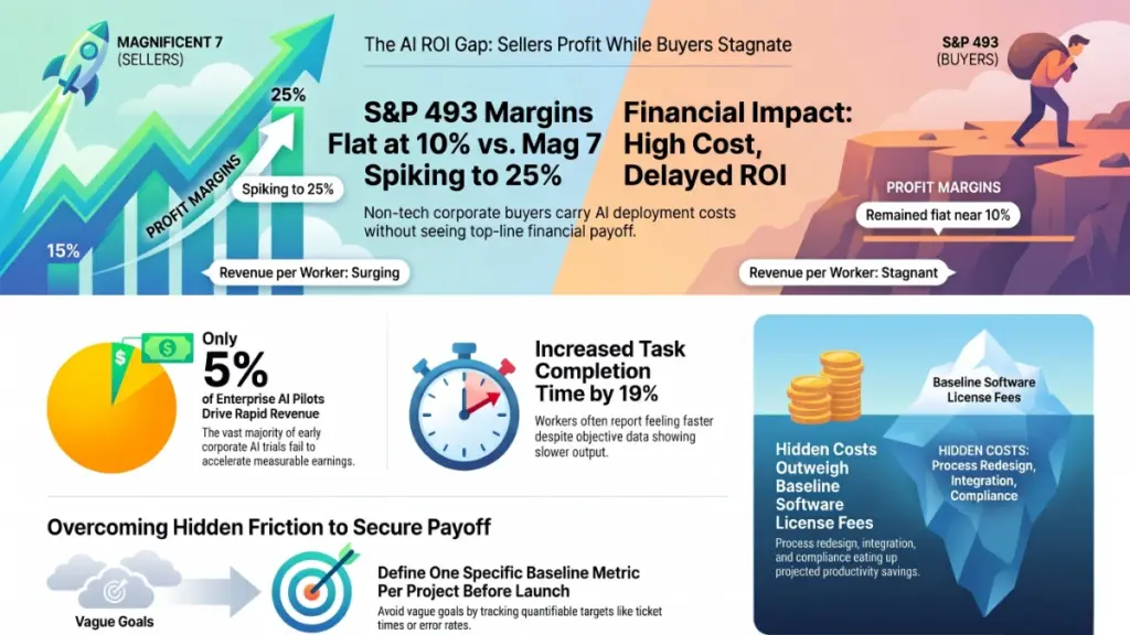 AI investment analytics dashboard showing business productivity metrics, profit margins, and return on investment.