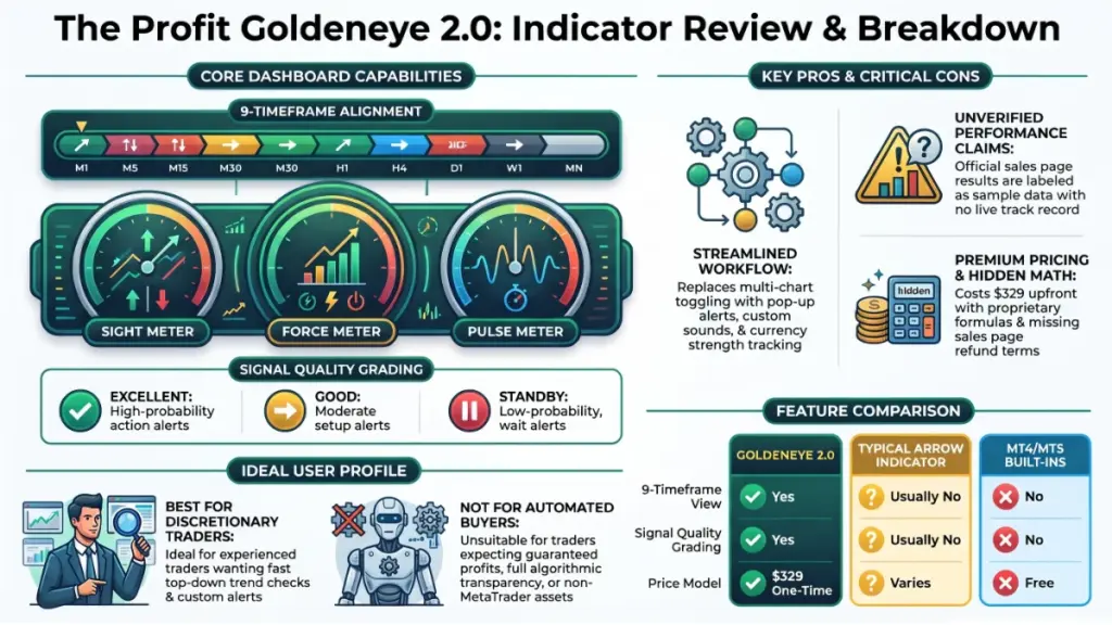 Profit Goldeneye 2.0 forex trading analysis interface featuring buy and sell signals, currency strength readings, performance indicators, and trading alerts.